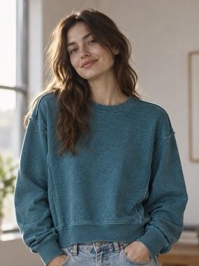 Double Zero NWOT Washed Dark Teal Raw Edge Fleece Crewneck Sweatshirt